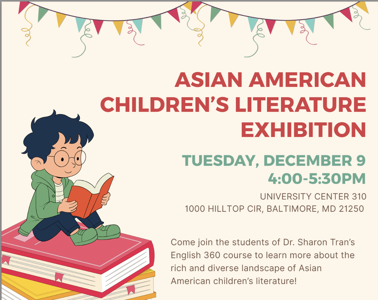 Asian American Children's Literature exhibition poster with details pasted below the image